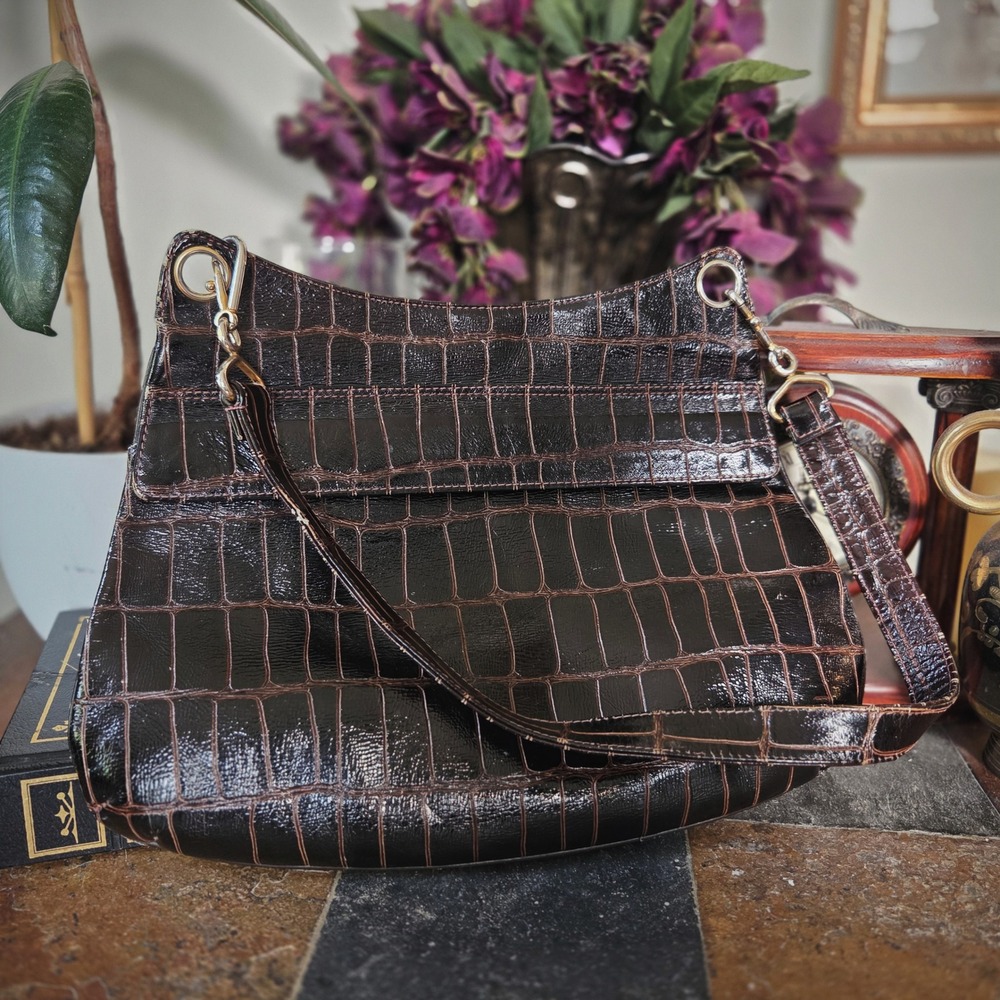 Leather Project Bag Italian Croc‎ Embossed Vintage 80s Lampo Zip Repair Upcycle